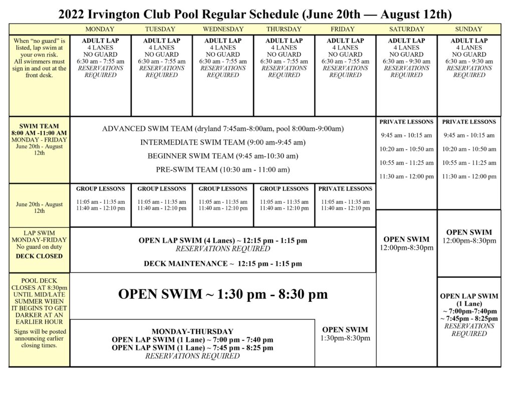 2022 Regular Pool Schedule – THE IRVINGTON CLUB